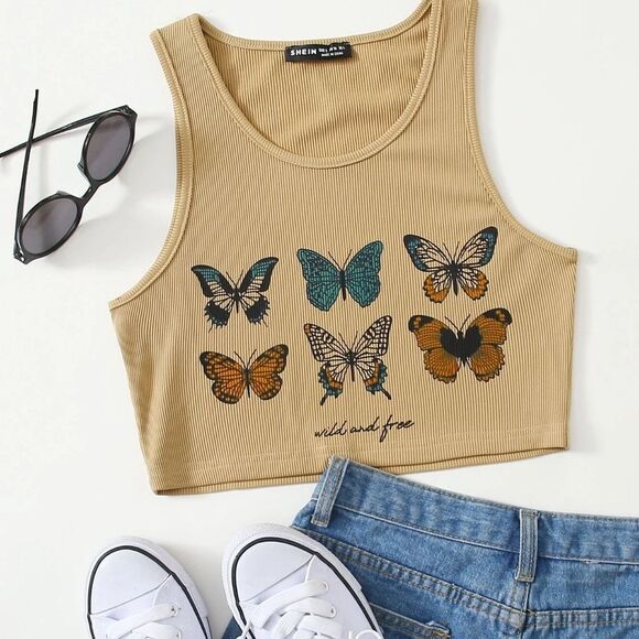 SHEIN Tan Butterflies Cropped Tank Top - Picture 1 of 7